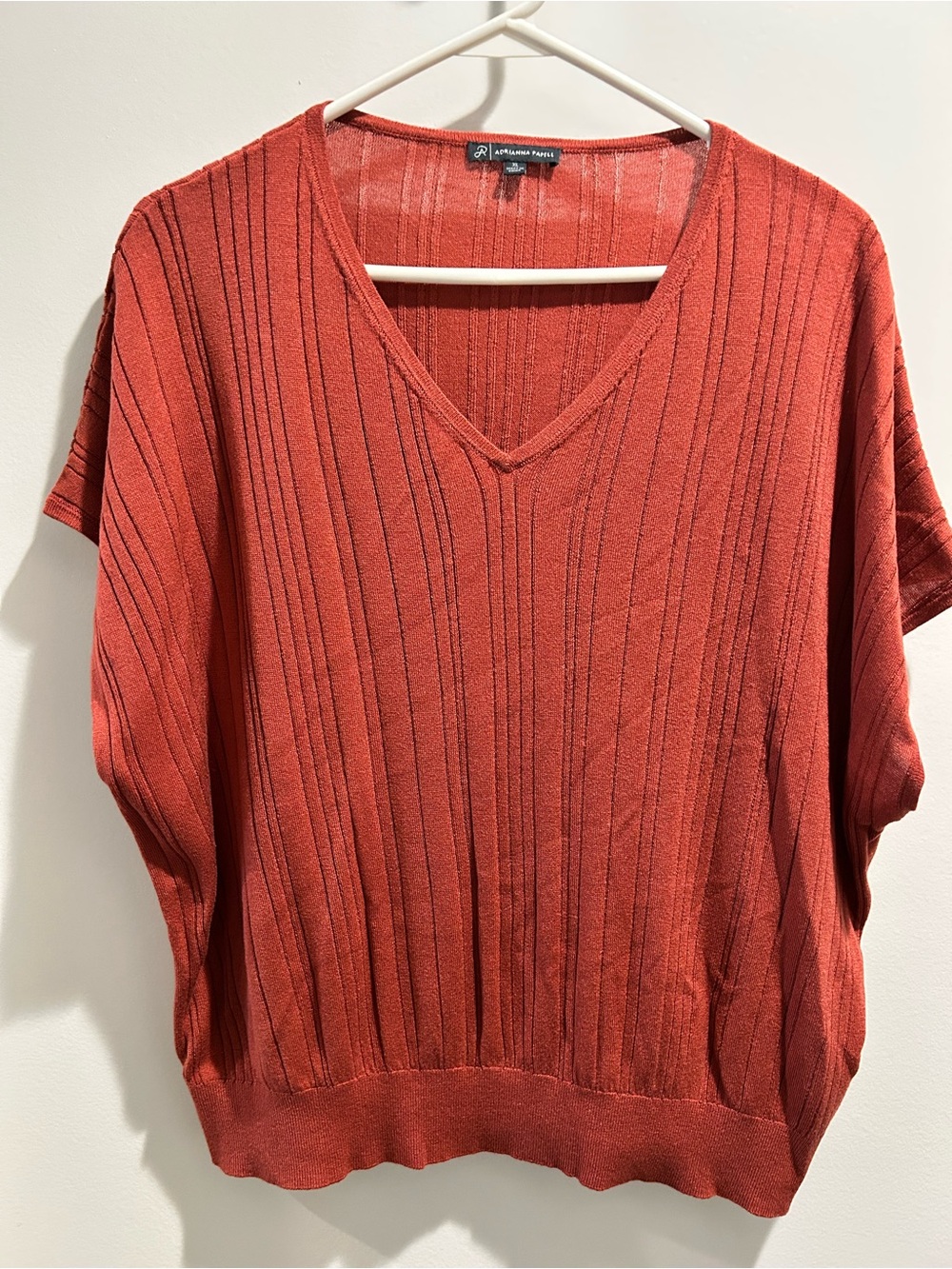 Adrianna Papell Ribbed V-Neck Top in Burnt Orange